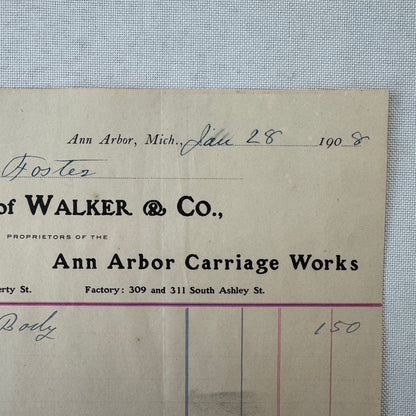 Walker and Company Receipt Letterhead Document 1908 Carriage Sleigh Ann Arbor MI