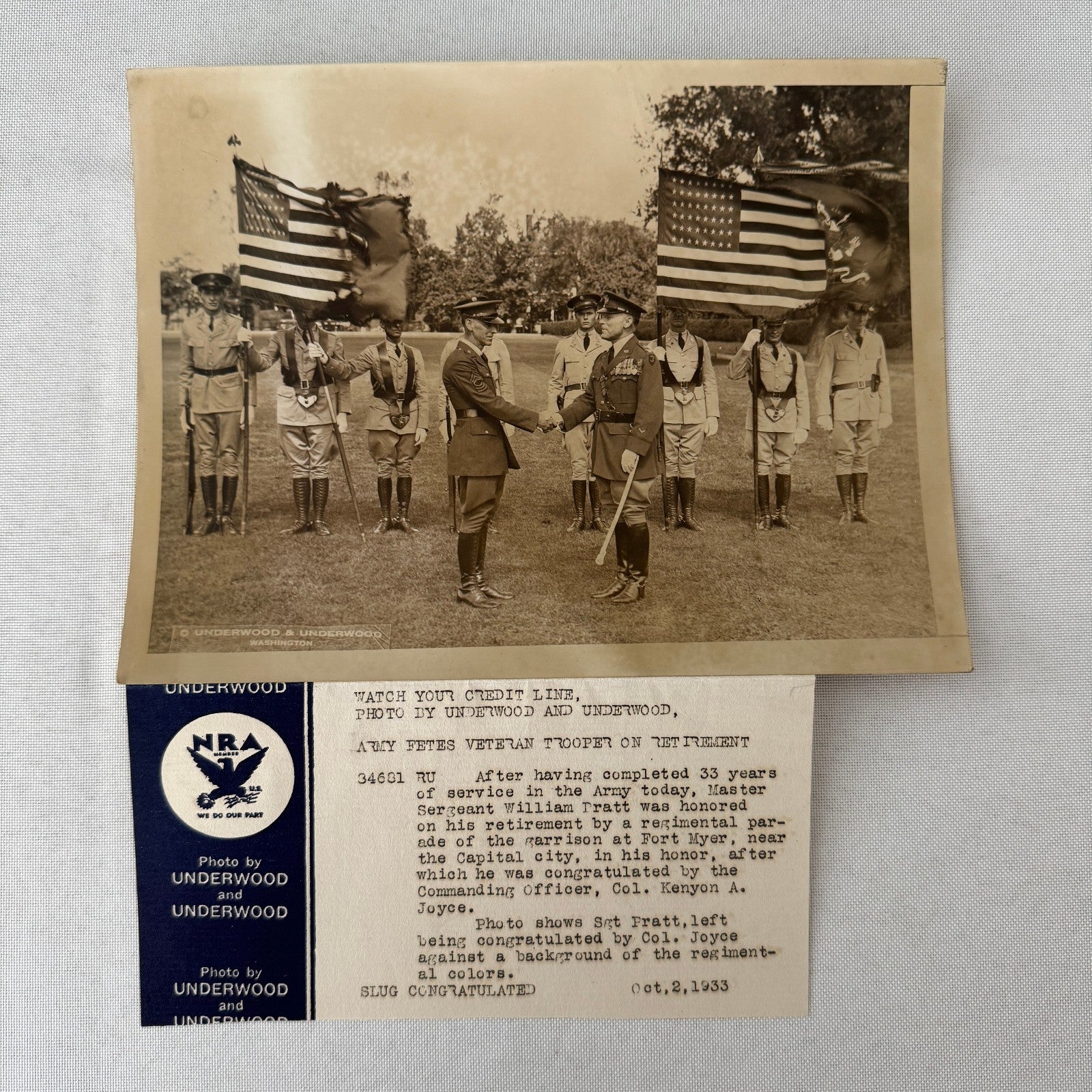 American Military Retirement of Army Sergeant William Pratt Press Photo 1933