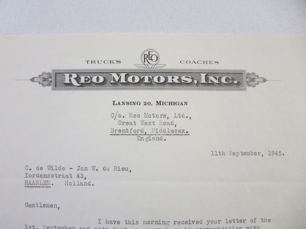 1945 REO Motors Inc Correspondence Letter Letterhead REO Truck Bus Model 19 20 