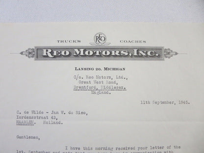 1945 REO Motors Inc Correspondence Letter Letterhead REO Truck Bus Model 19 20 