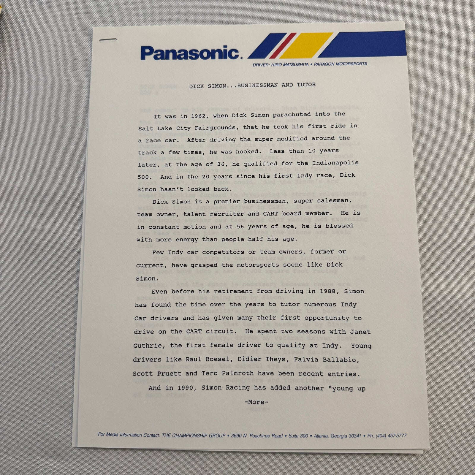Hiro Matsushita CART Indy Car Racing Driver Press Kit Panasonic Team 1991