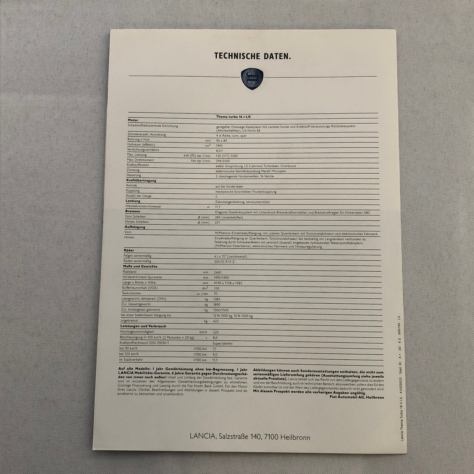 Lancia Thema Turbo 16V LX Car Sales Brochure Catalog German