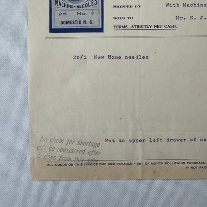 James M Richardson Company Receipt Invoice Document 1908 Sewing Machine Ohio