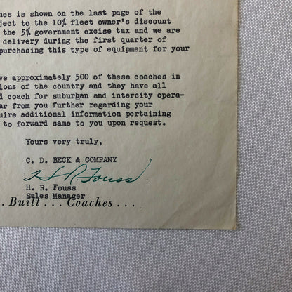 1945 CD Beck Company Safety Coach Bus Letter Letterhead Document Mainliner +