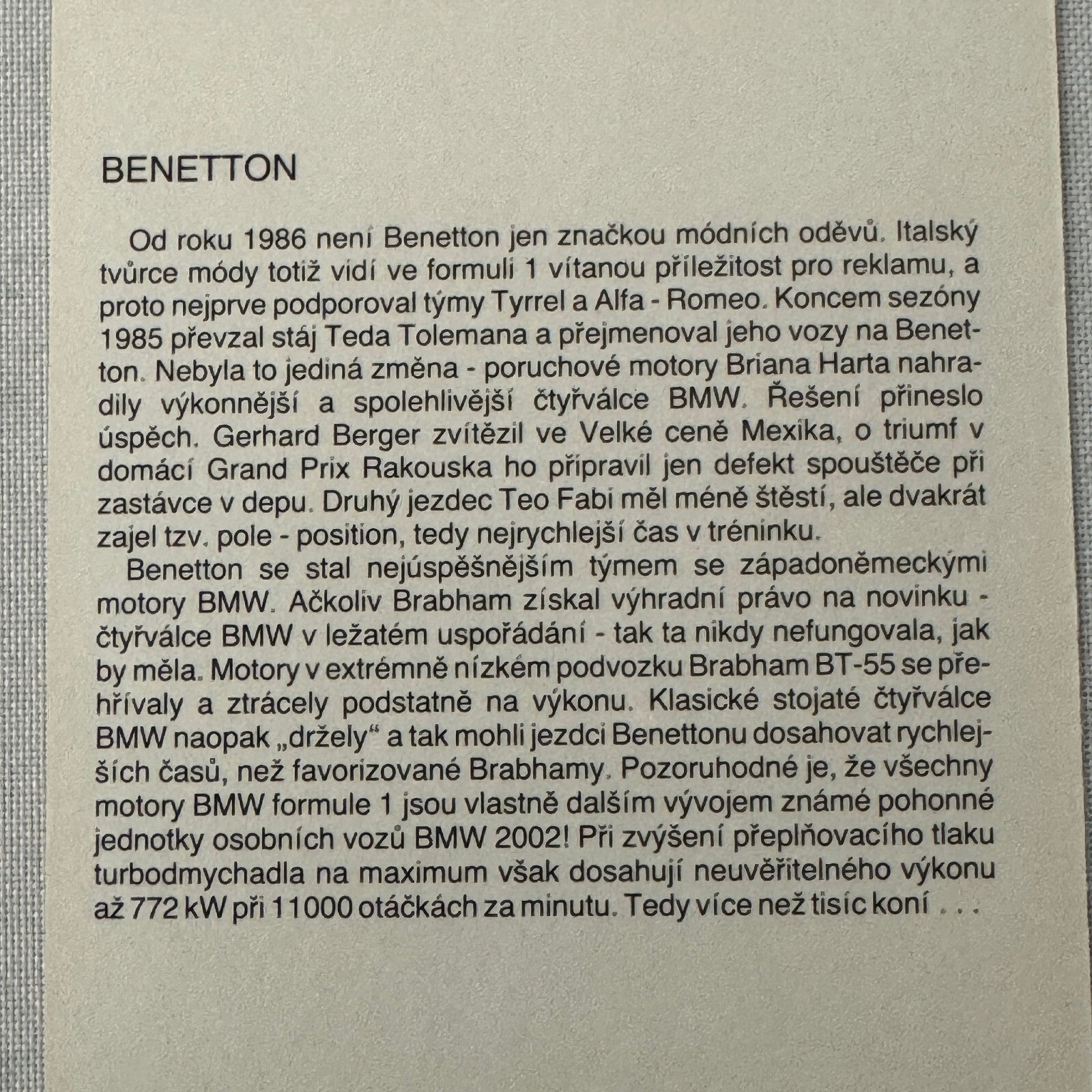 Benetton Formula One F1 Racing Card Postcard BMW POLISH Text