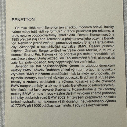 Benetton Formula One F1 Racing Card Postcard BMW POLISH Text