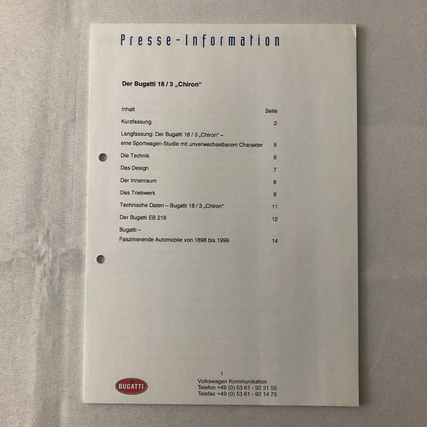 Bugatti Chiron Concept Car Press Kit Brochure Photos Bugatti GERMAN Text