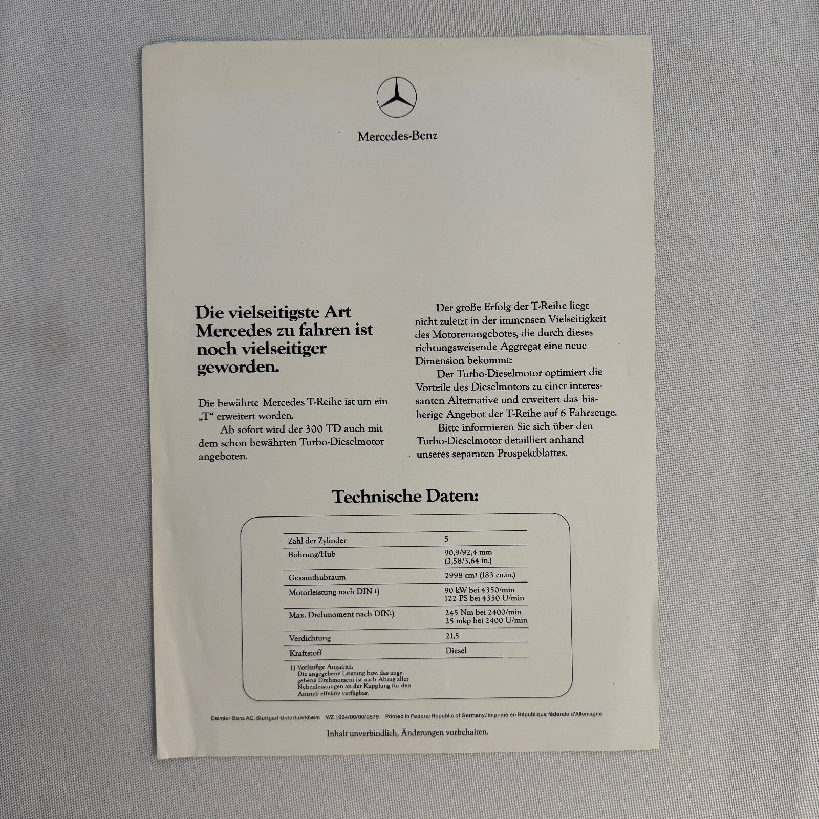 Mercedes Benz 300 TD Turbo Diesel Station Wagon Brochure Advertising GERMAN
