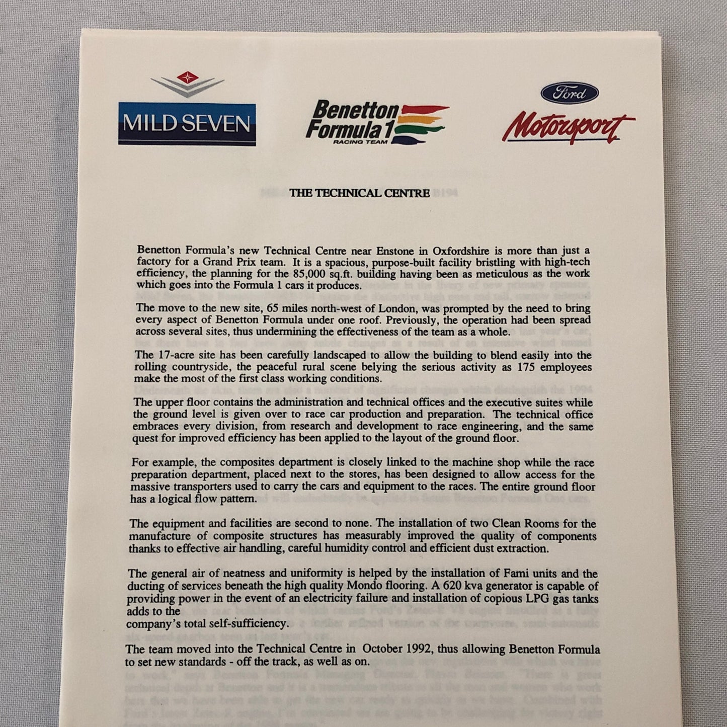 Benetton Ford B194 Racing Car Press Kit with Photos