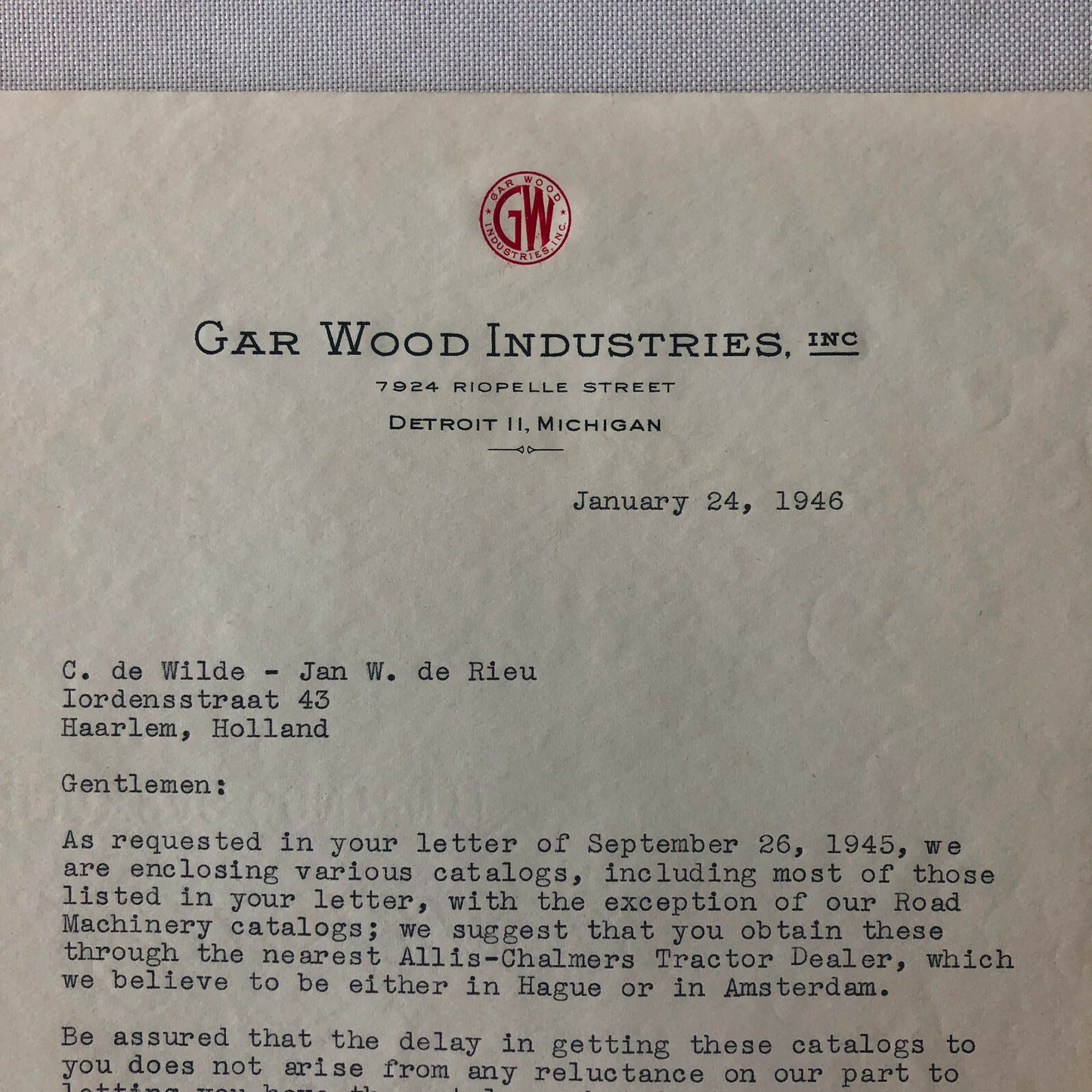 1945 - 1946 Gar Wood Industries Truck and Machinery Letter Letterhead Lot of 2