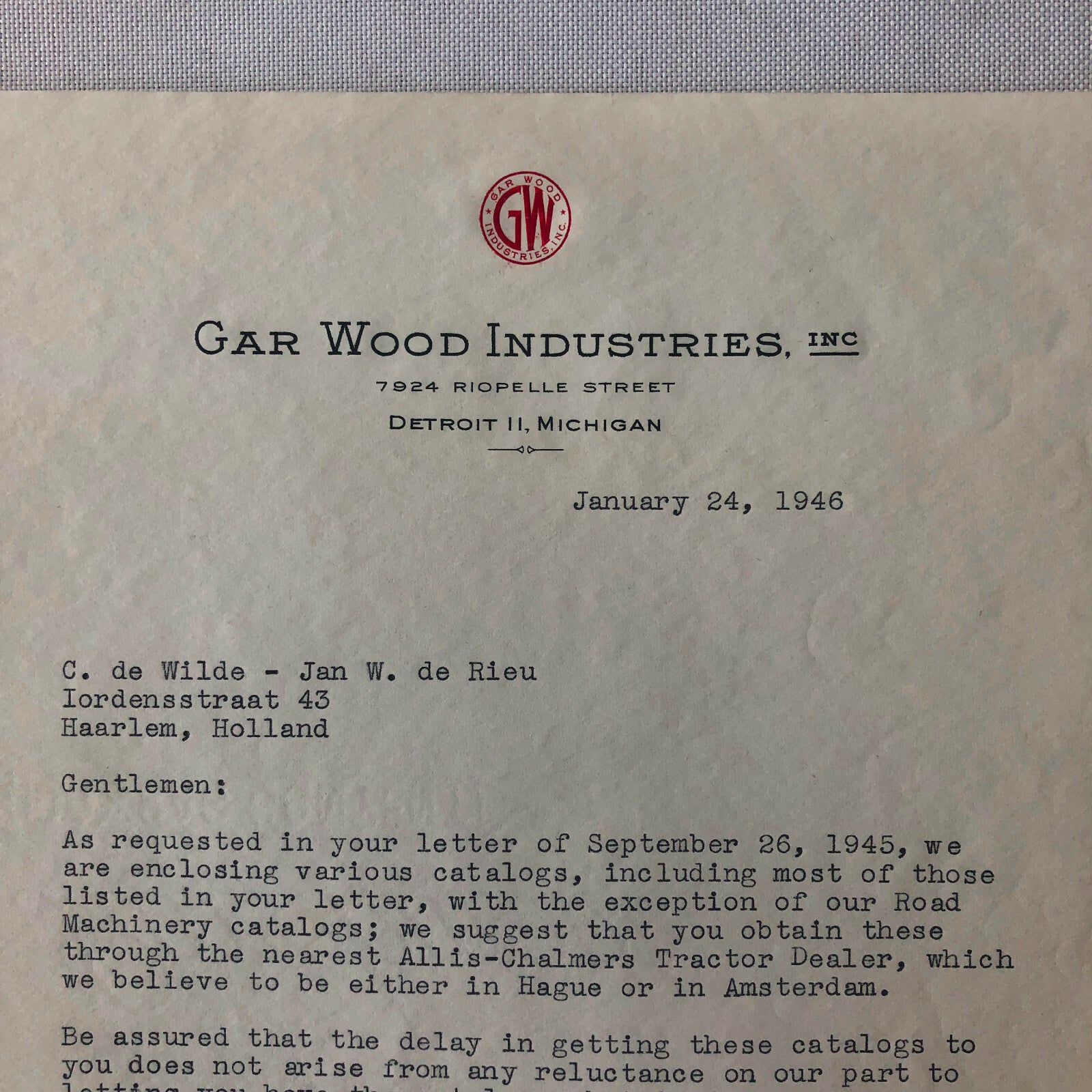 1945 - 1946 Gar Wood Industries Truck and Machinery Letter Letterhead Lot of 2