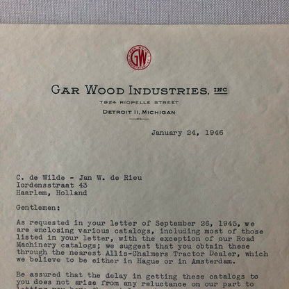 1945 - 1946 Gar Wood Industries Truck and Machinery Letter Letterhead Lot of 2