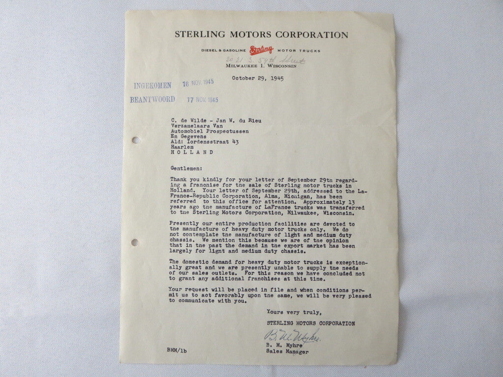 1945 Sterling Motor Truck Corporation Letter Letterhead Document 
