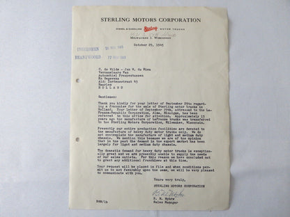 1945 Sterling Motor Truck Corporation Letter Letterhead Document 