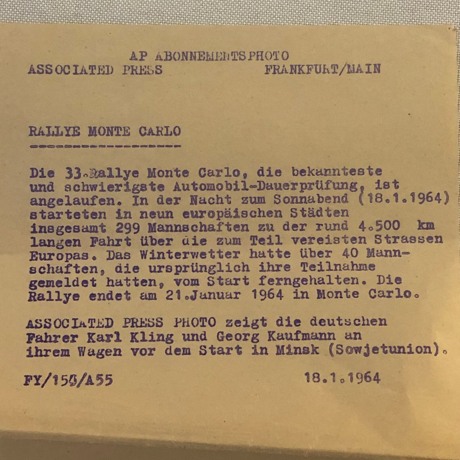 Vintage 1964 Rallye Monte Carlo Rally Racing Press Photo Audi Karl Kling + 