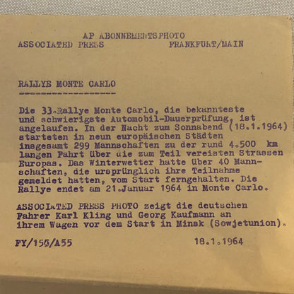 Vintage 1964 Rallye Monte Carlo Rally Racing Press Photo Audi Karl Kling + 