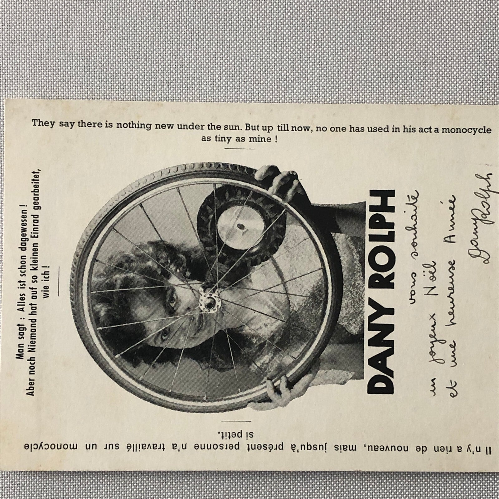 Circus Performer Unicycle Monocycle Act Postcard Post Card Dany Rolph Signed