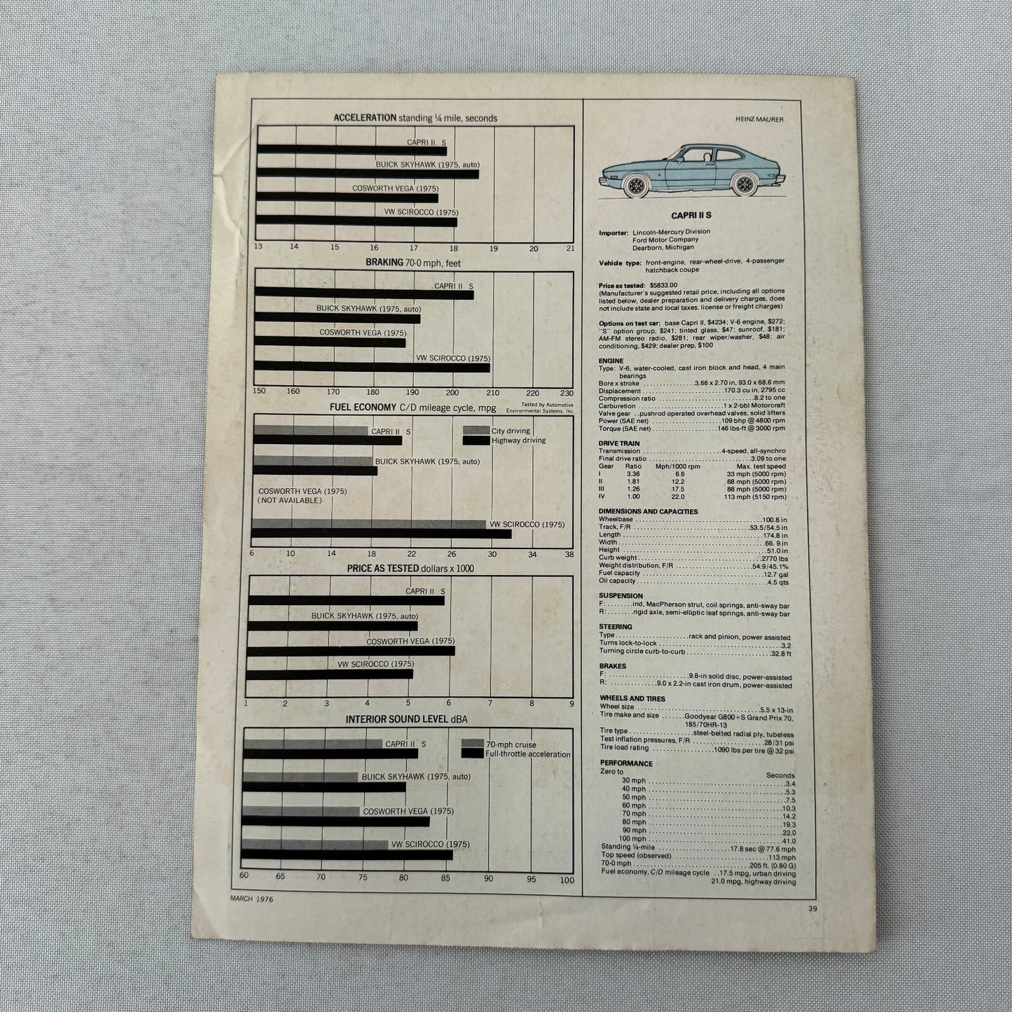 Mercury Capri II S Car Sales Brochure Catalog Car and Driver Road Test 1976