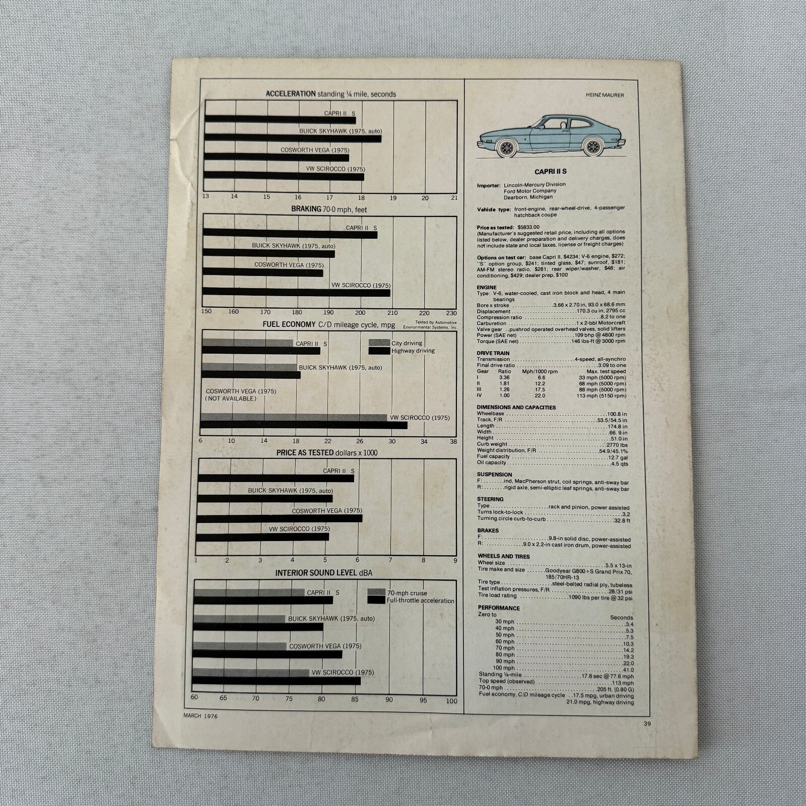 Mercury Capri II S Car Sales Brochure Catalog Car and Driver Road Test 1976