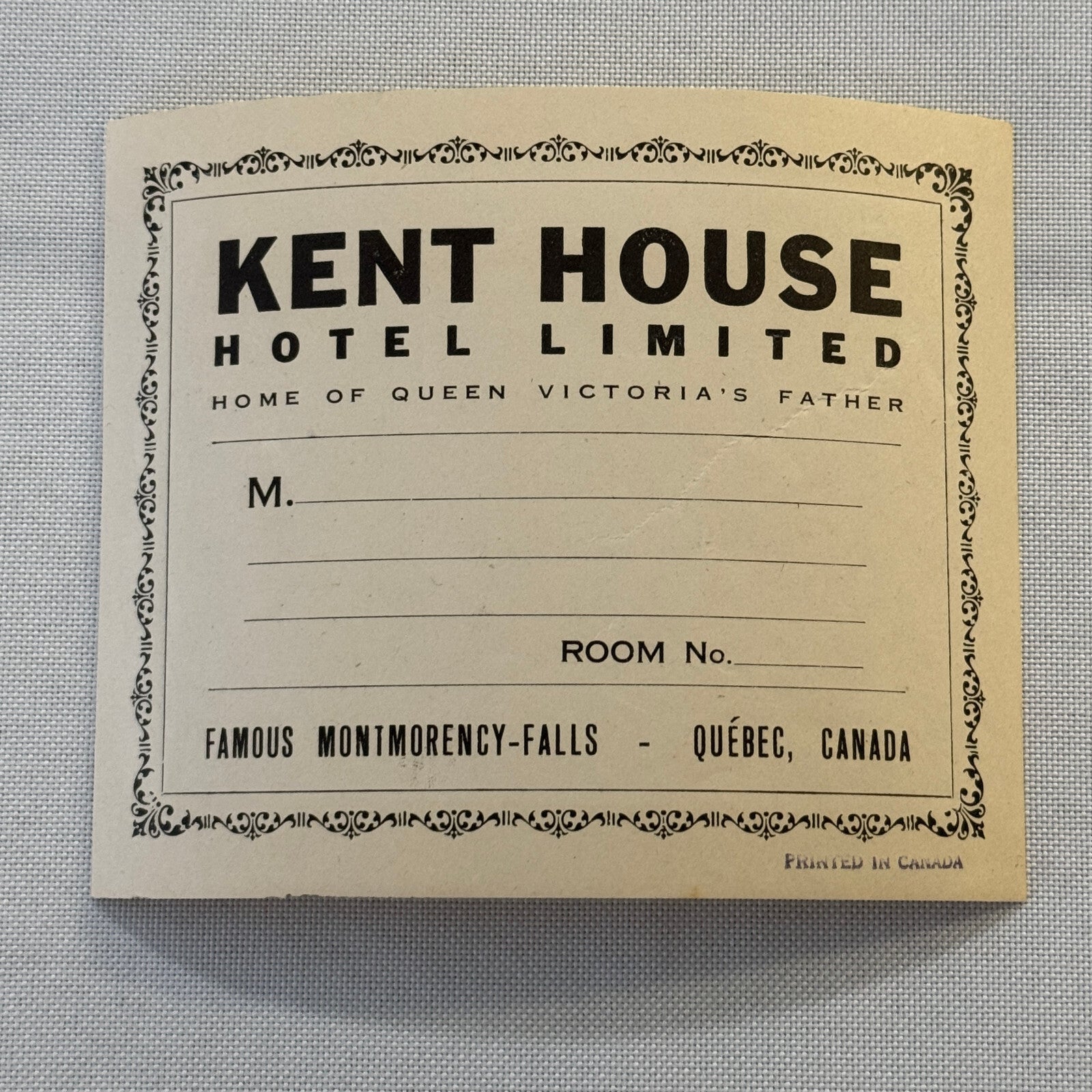 Vintage Hotel Travel Luggage Label Kent House Hotel Quebec Canada Montmorency