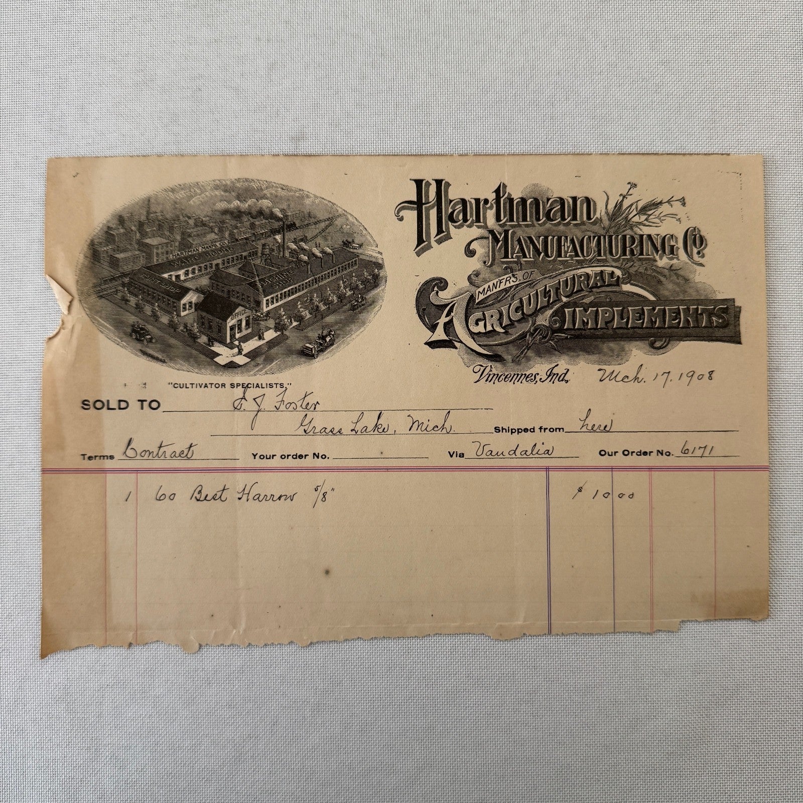 Hartman Manufacturing Company Agricultural Implements Document Receipt 1908