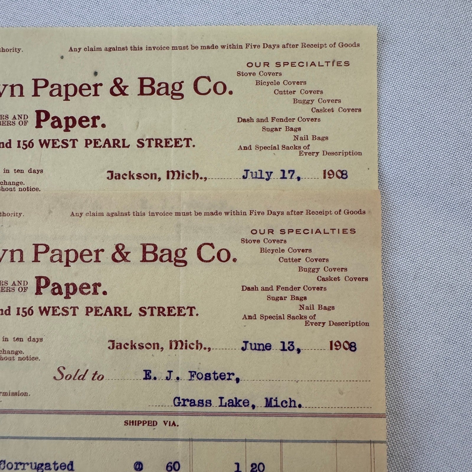 Crown Paper & Bag Company Jackson Michigan 1908 Receipt Invoice Document Lot 5x