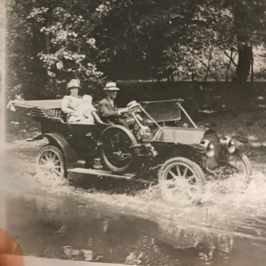 Antique Glass Plate Lantern Slide Photo Car Automobile Driving in Water