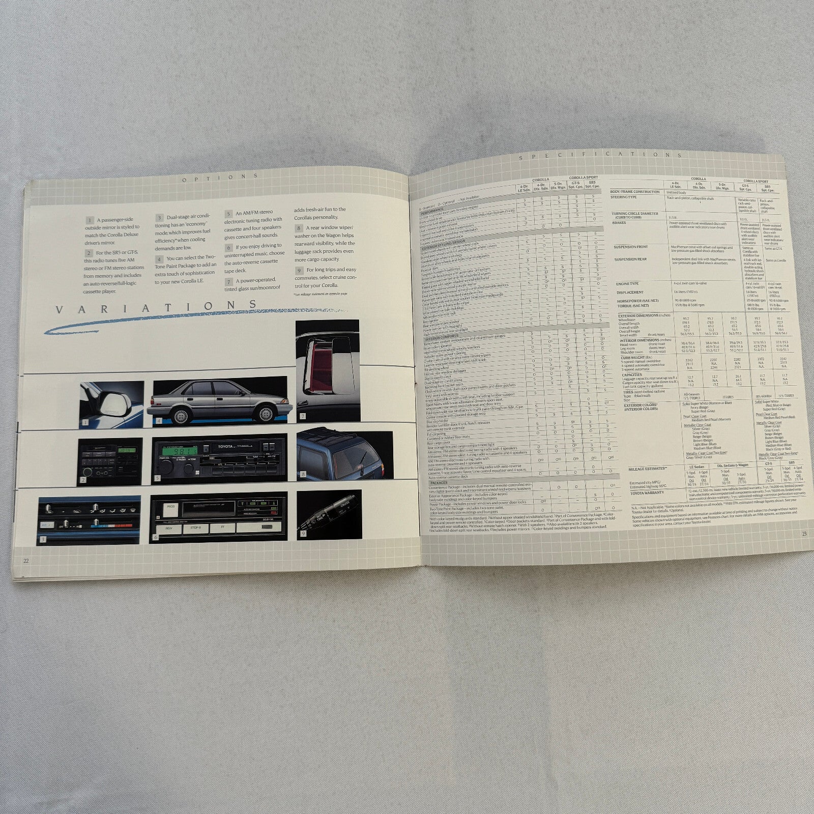 1988 Toyota Corolla Car Sales Brochure Catalog Sport Wagon Sedan GT-S SR5