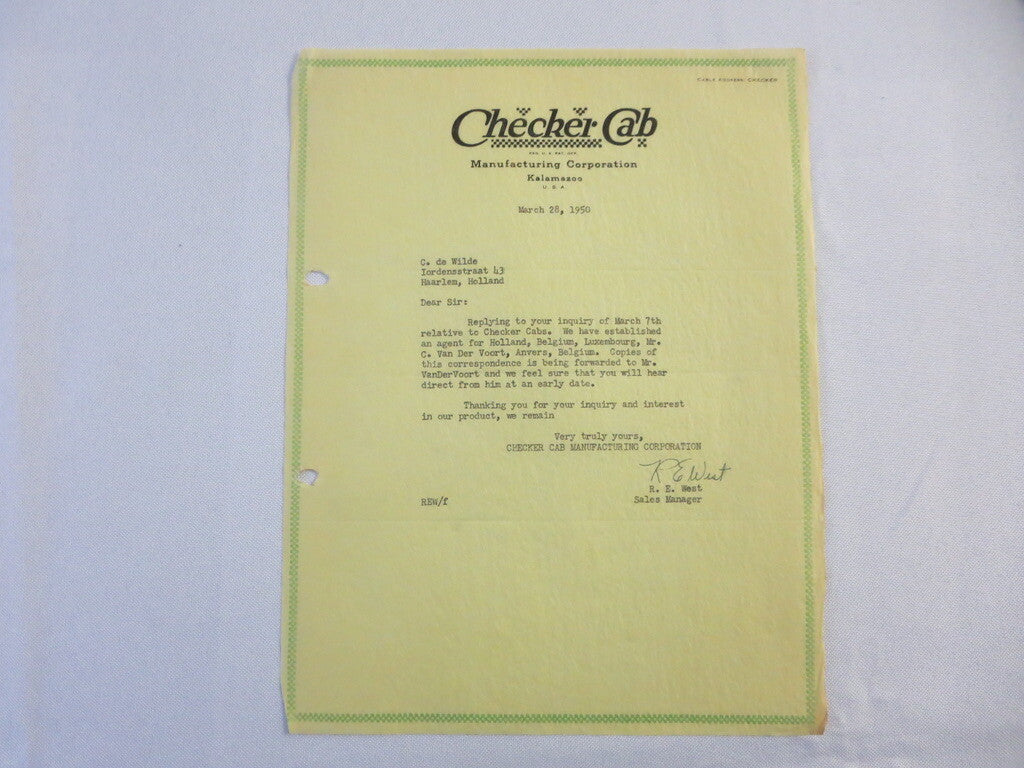 1950 Checker Cab Manufacturing Corporation Car Company Letter Letterhead 