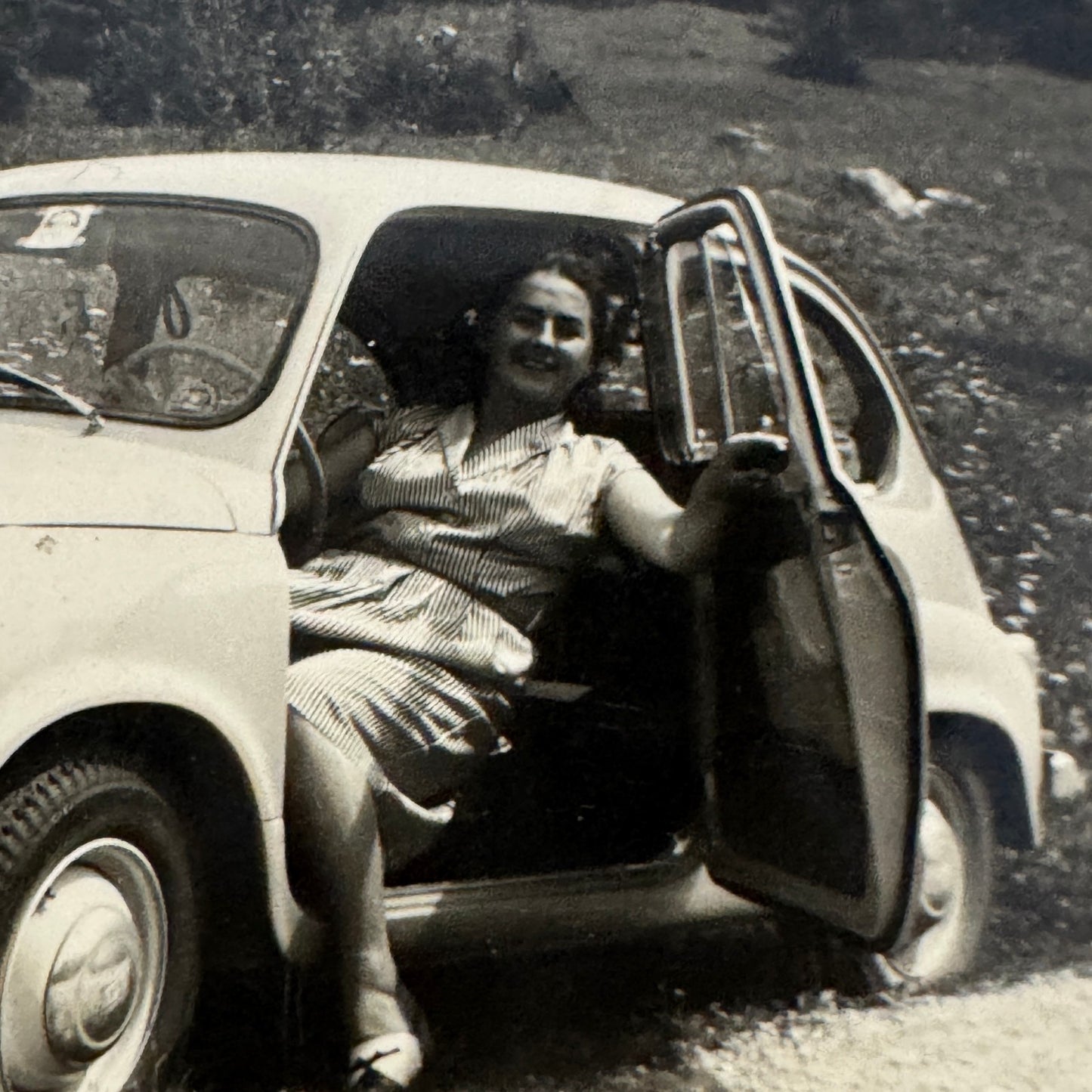 Vintage Photograph Photo Print Woman in Fiat Car Automobile 1955
