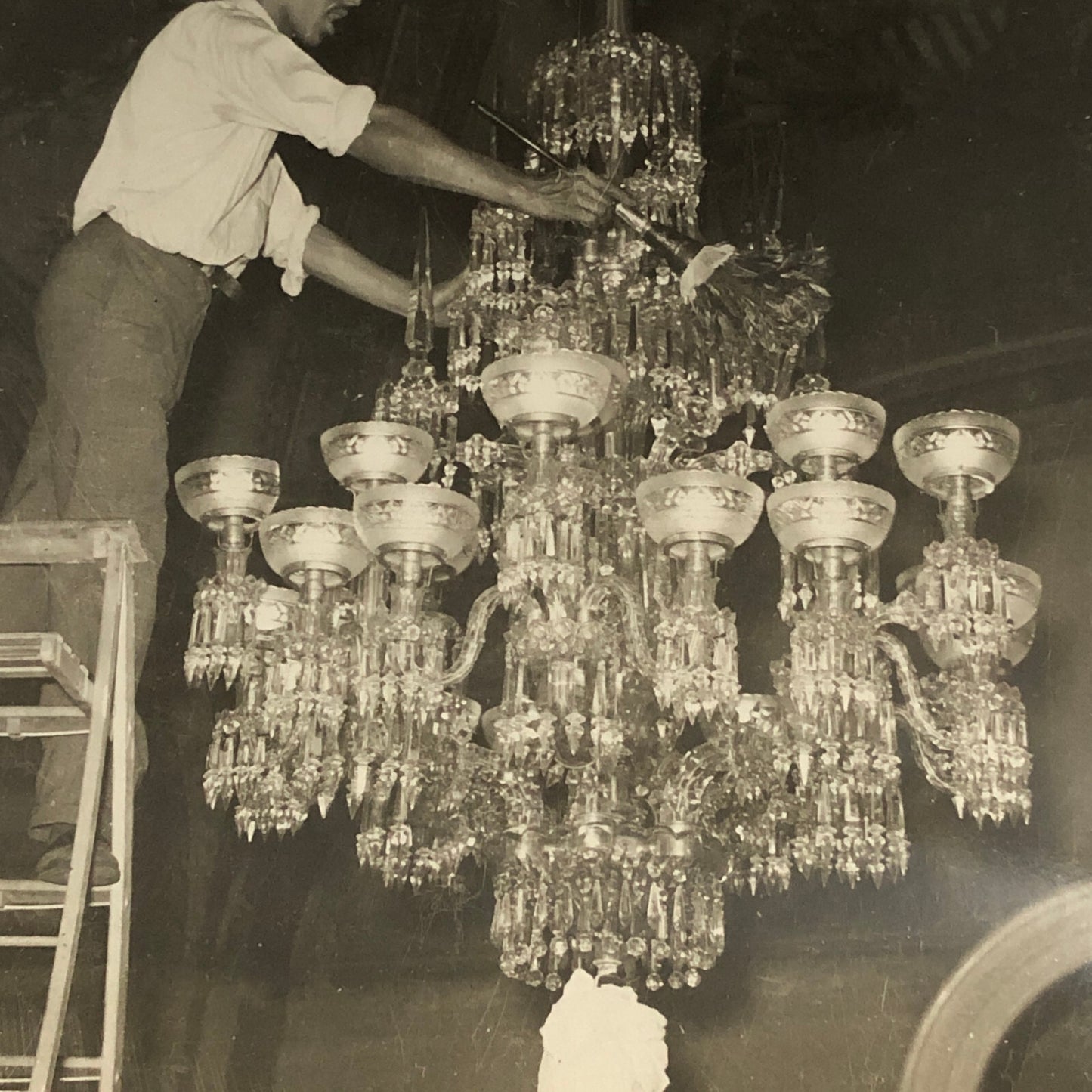 Press Photo Photograph Man Working on Fancy Chandelier 1930s Underwood Photo