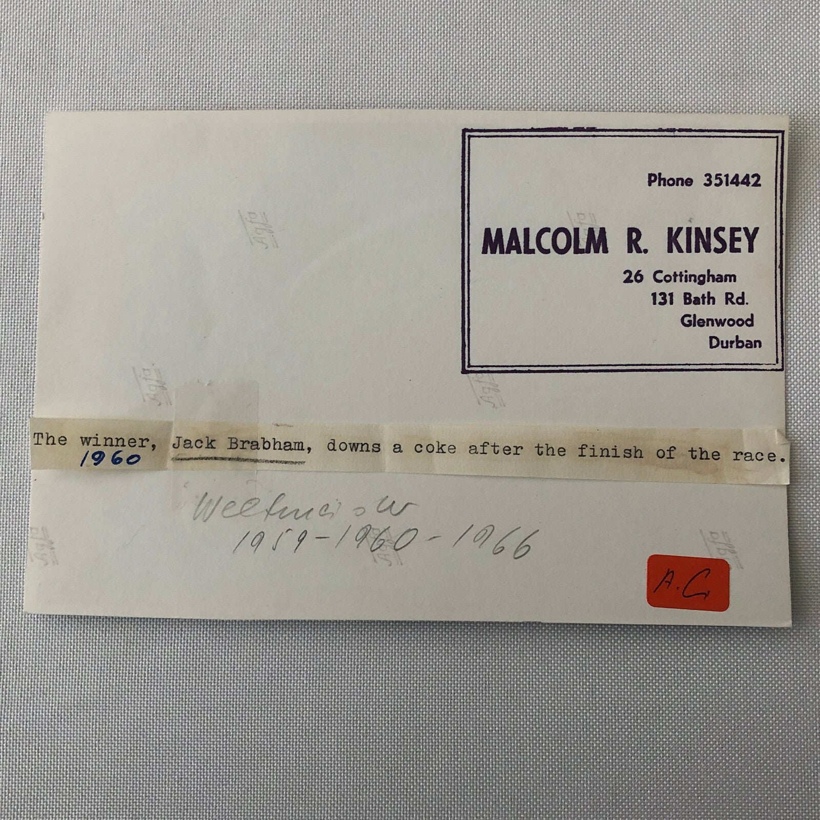 Vintage Racing Photo Photograph Jack Brabham Drinking Coca Cola Coke 1960