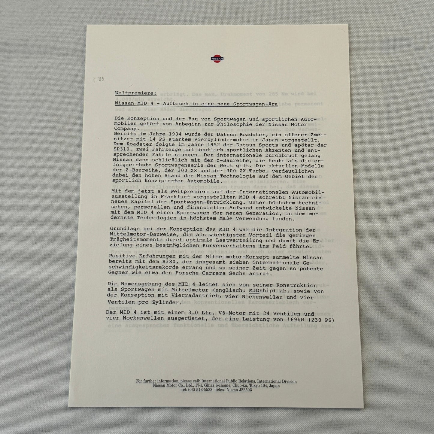 1985 Nissan Mid 4 Concept Car Press Kit Photos Brochure German Text