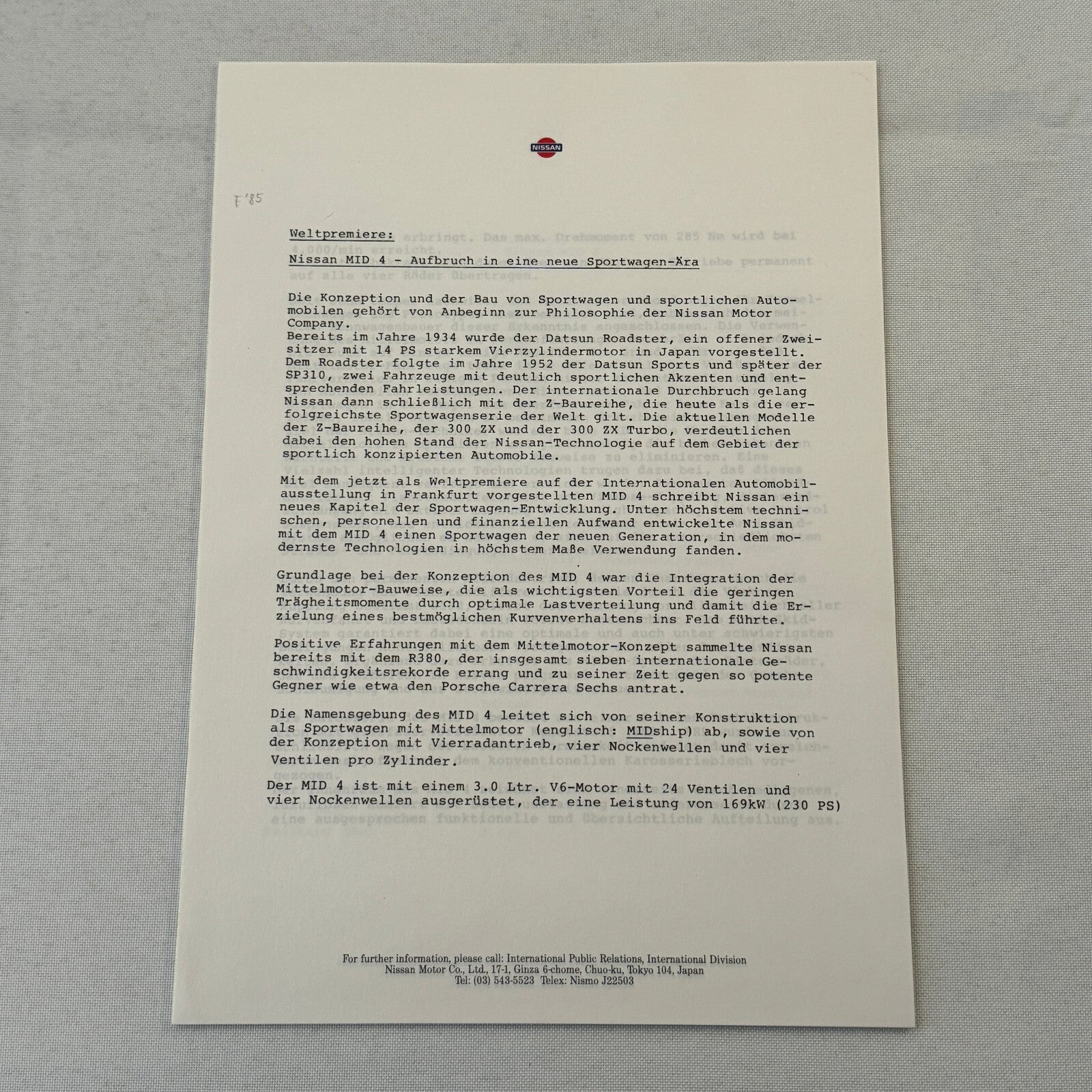 1985 Nissan Mid 4 Concept Car Press Kit Photos Brochure German Text