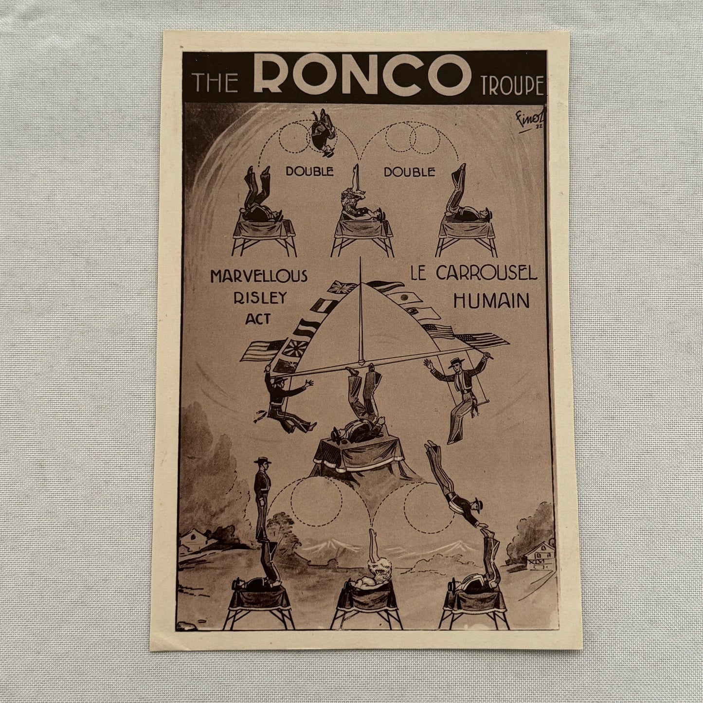 Vintage Circus Performer Tumbling Acrobat Act Advertising Card Ronco Troupe