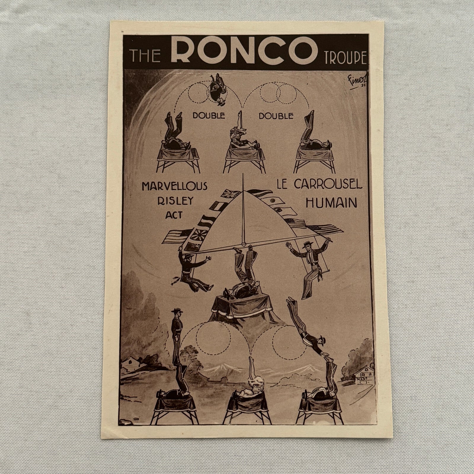Vintage Circus Performer Tumbling Acrobat Act Advertising Card Ronco Troupe