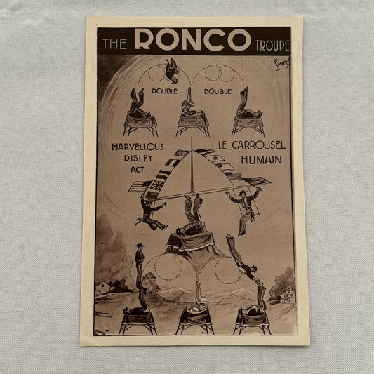Vintage Circus Performer Tumbling Acrobat Act Advertising Card Ronco Troupe