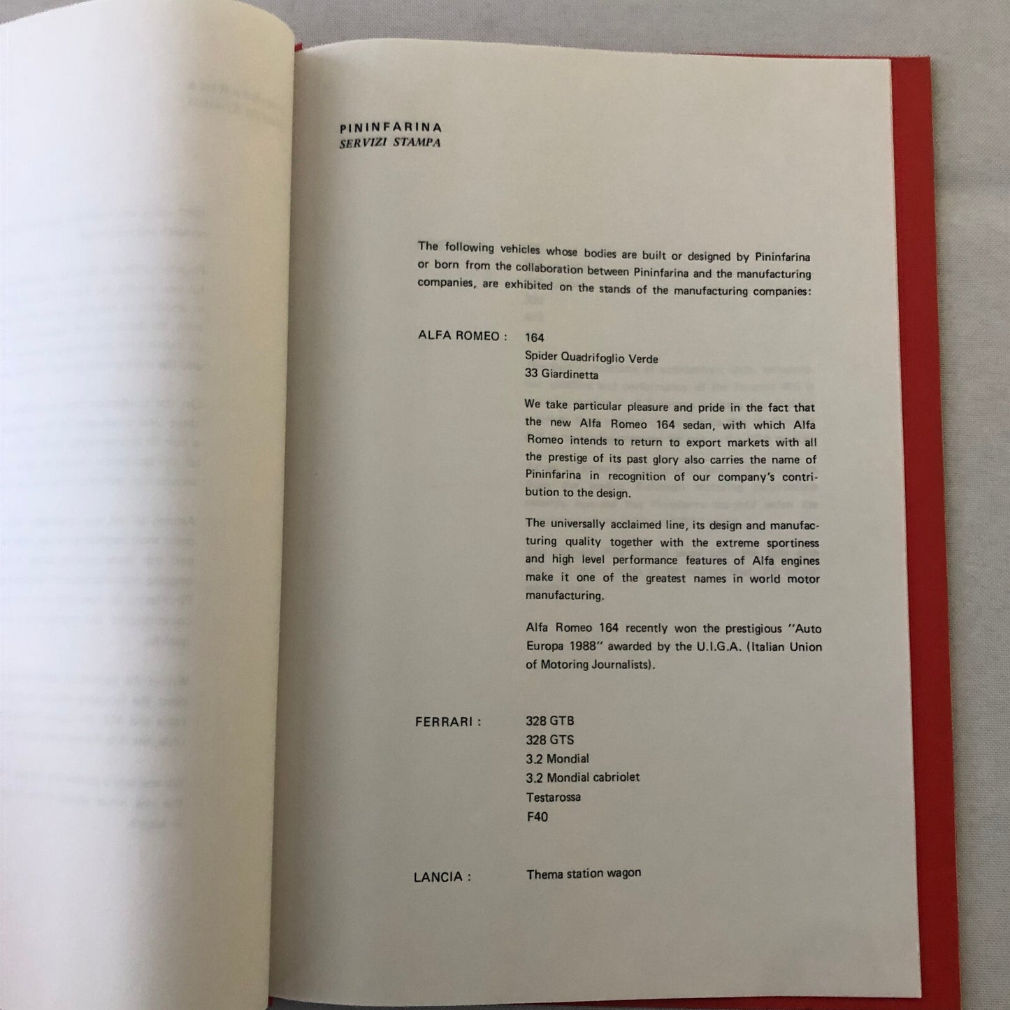 1988 Pininfarina Press Kit Ferrari F40 Lancia Thema Wagon Cadillac Allante