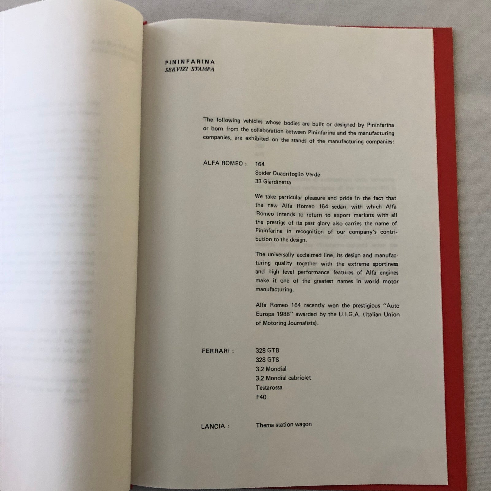 1988 Pininfarina Press Kit Ferrari F40 Lancia Thema Wagon Cadillac Allante