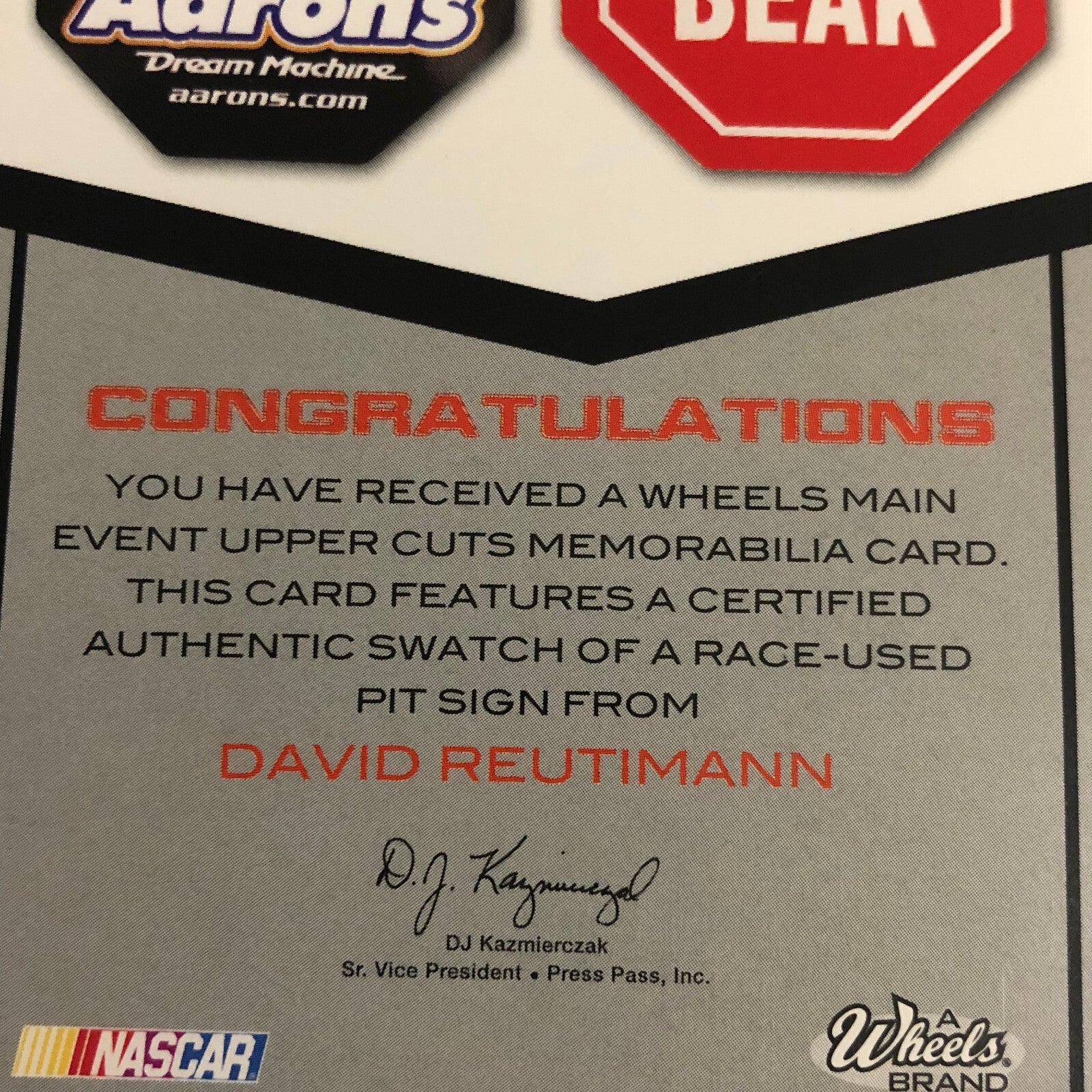 2010 Wheels Uppercuts David Reutimann Pit Sign Relic Card /75 NASCAR