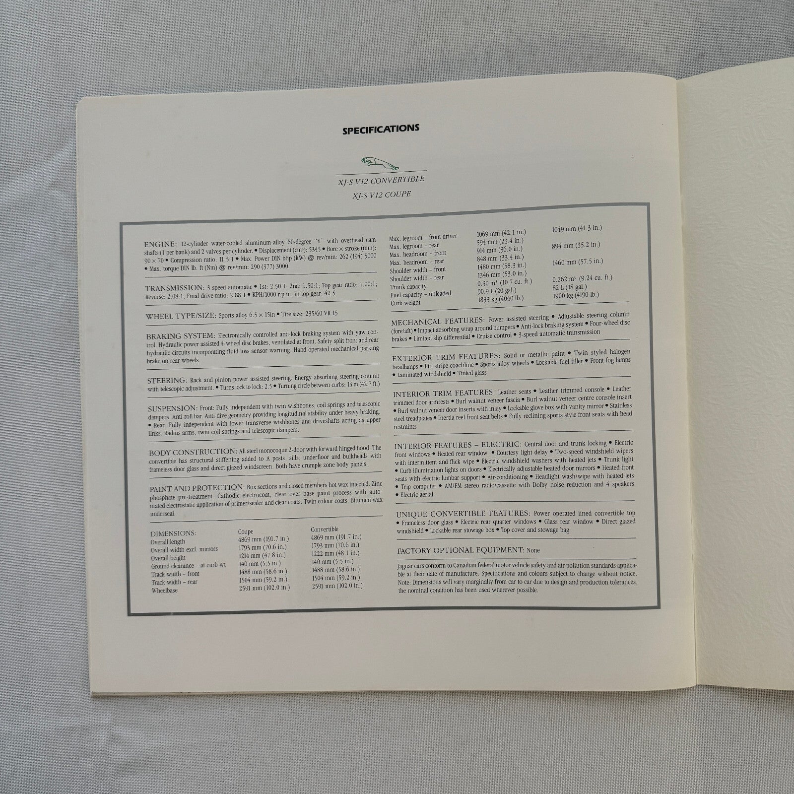 Jaguar XJ-S V12 Car Sales Brochure Catalog Advertising Coupe Convertible