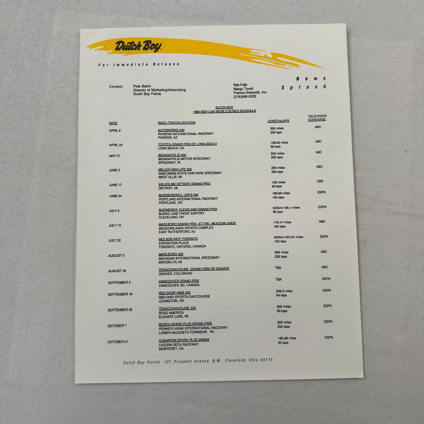 Arie Luyendyk 1990 Dutch Boy Paint CART Indy Racing Press Kit Brochure Photo