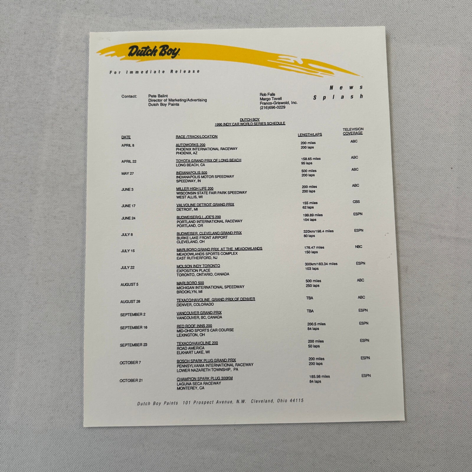 Arie Luyendyk 1990 Dutch Boy Paint CART Indy Racing Press Kit Brochure Photo