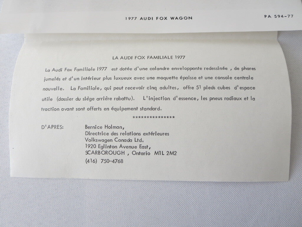 1977 Audi Fox Station Wagon Factory Press Photo Photograph FRENCH Caption 