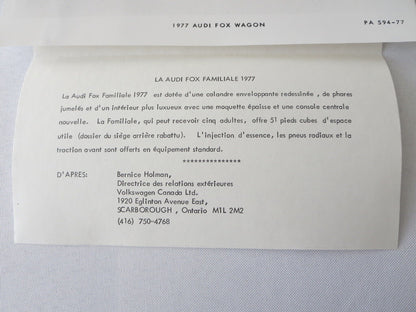 1977 Audi Fox Station Wagon Factory Press Photo Photograph FRENCH Caption 