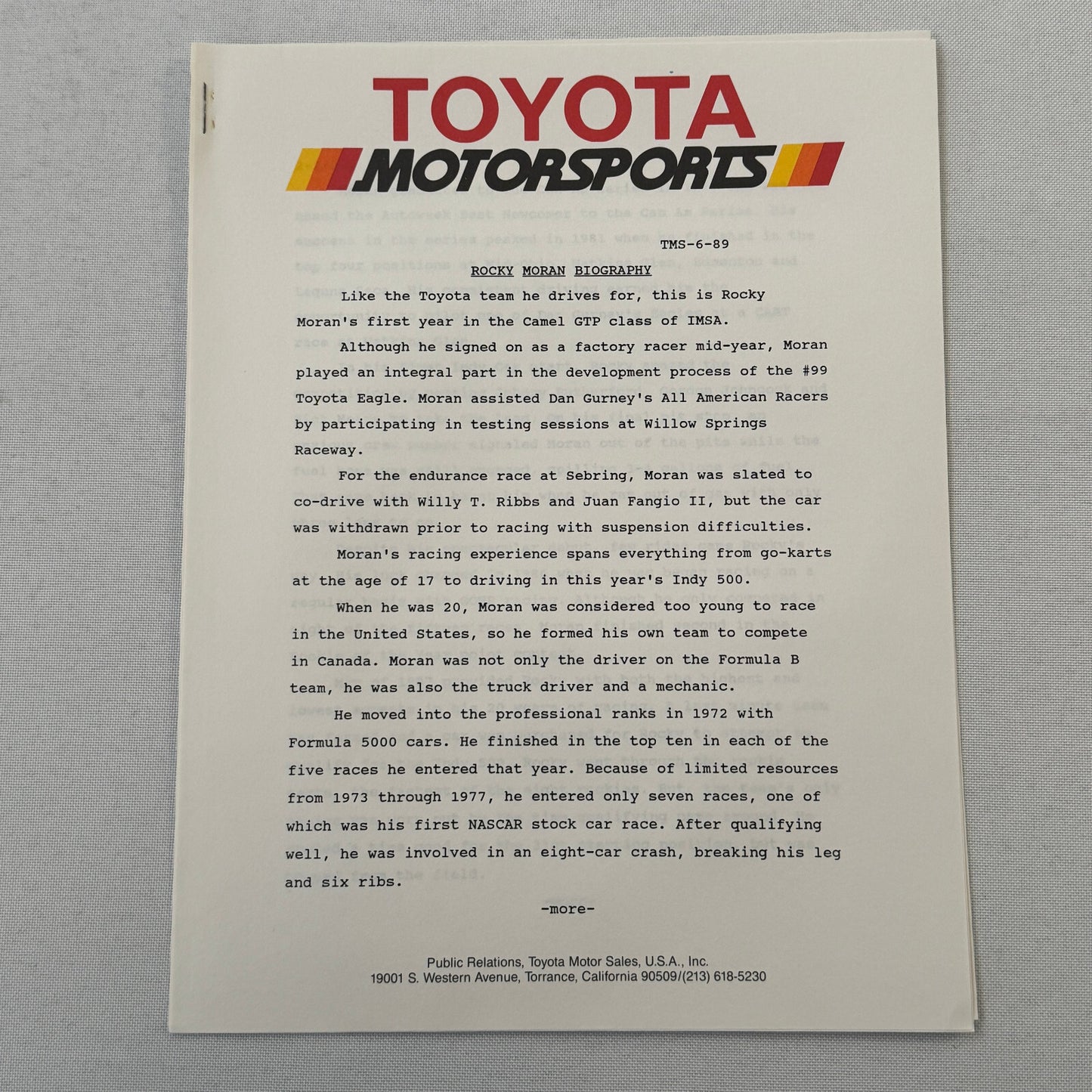 1989 Toyota Motorsport Racing Press Kit Dan Gurney Willy T Ribbs Fangio II