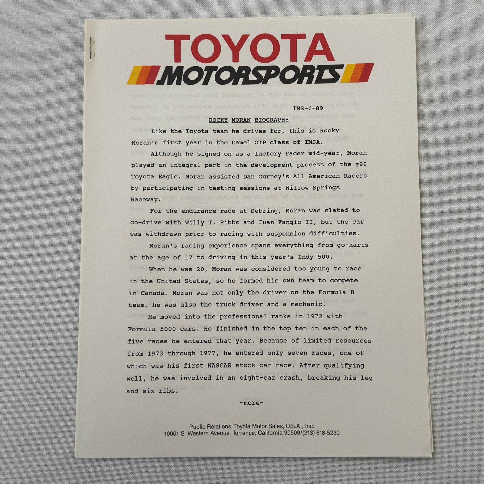 1989 Toyota Motorsport Racing Press Kit Dan Gurney Willy T Ribbs Fangio II