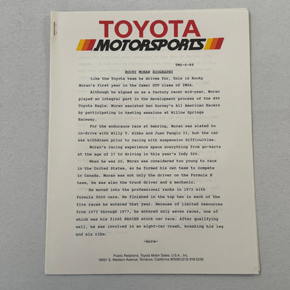 1989 Toyota Motorsport Racing Press Kit Dan Gurney Willy T Ribbs Fangio II