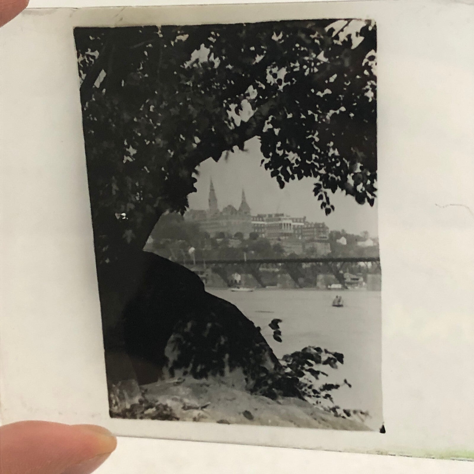 Antique Glass Plate Lantern Slide Photo Landscape Building Lake River