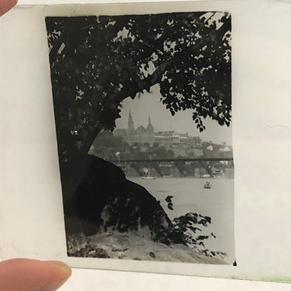 Antique Glass Plate Lantern Slide Photo Landscape Building Lake River